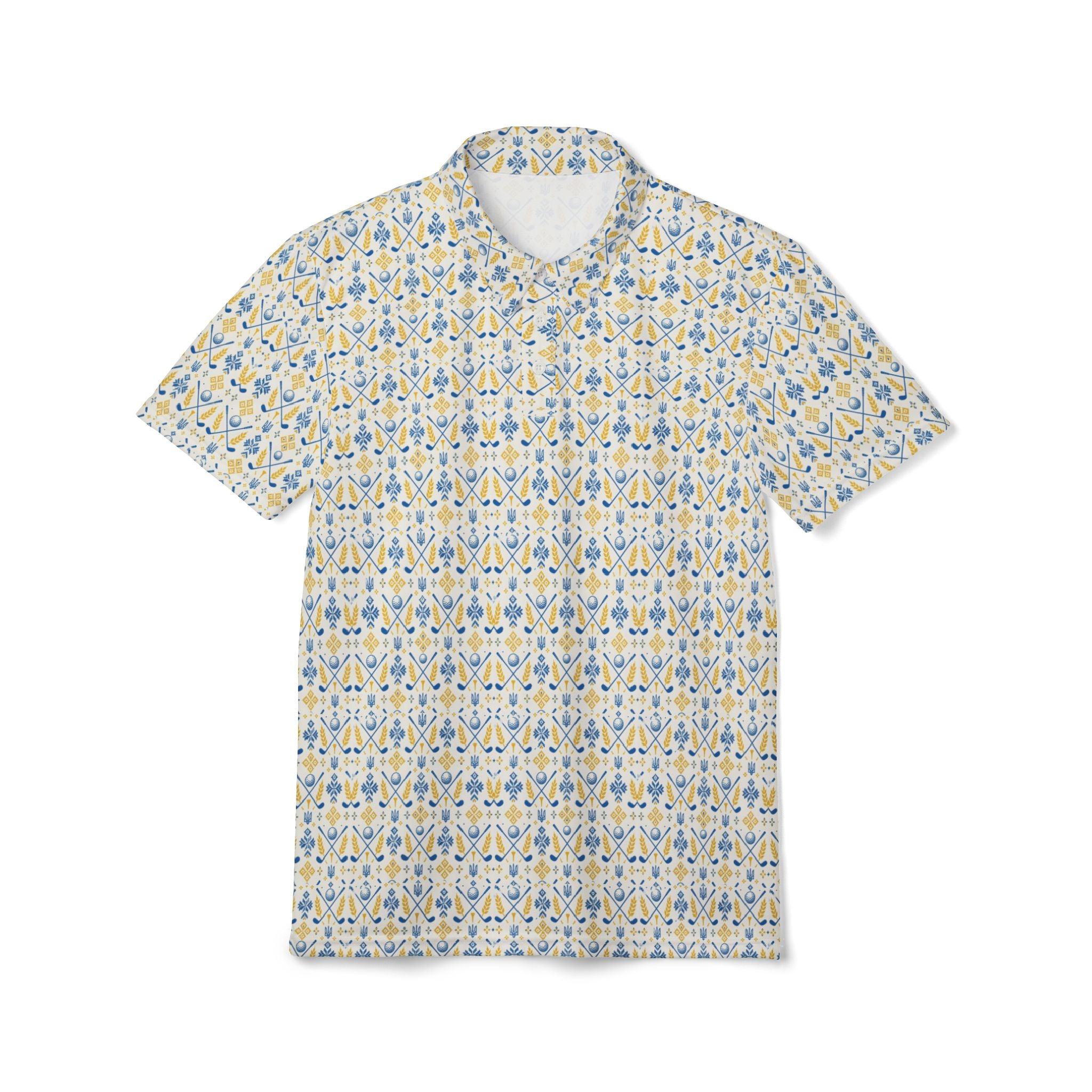 Ukraine Floral Geometric Polo Shirt — Yellow & Blue All-Over Print