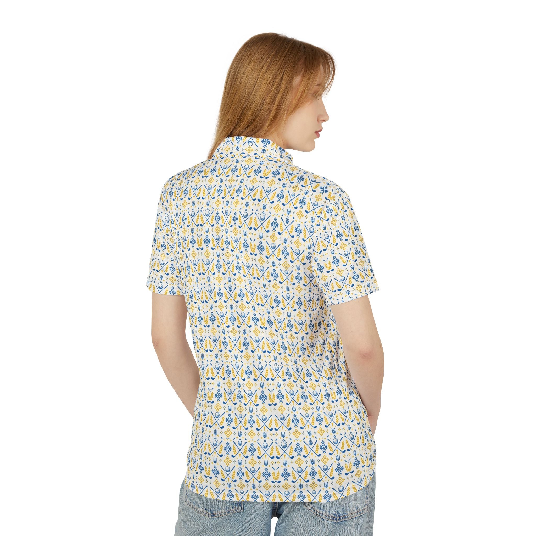 Ukraine Floral Geometric Polo Shirt — Yellow & Blue All-Over Print