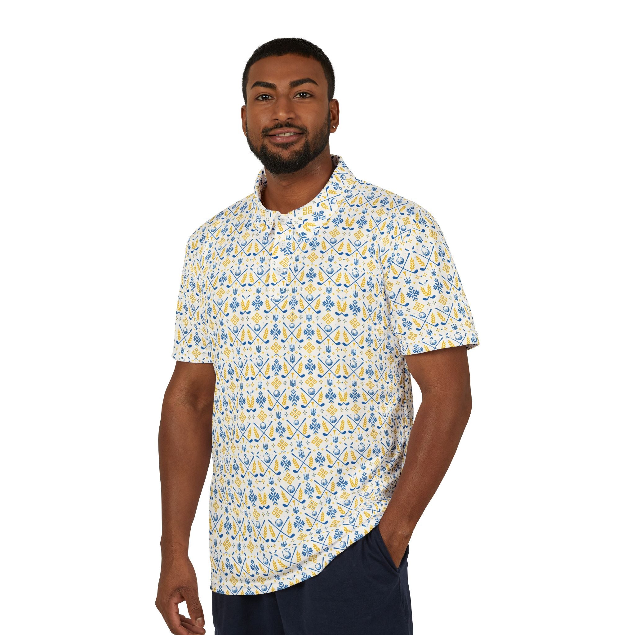 Ukraine Floral Geometric Polo Shirt — Yellow & Blue All-Over Print